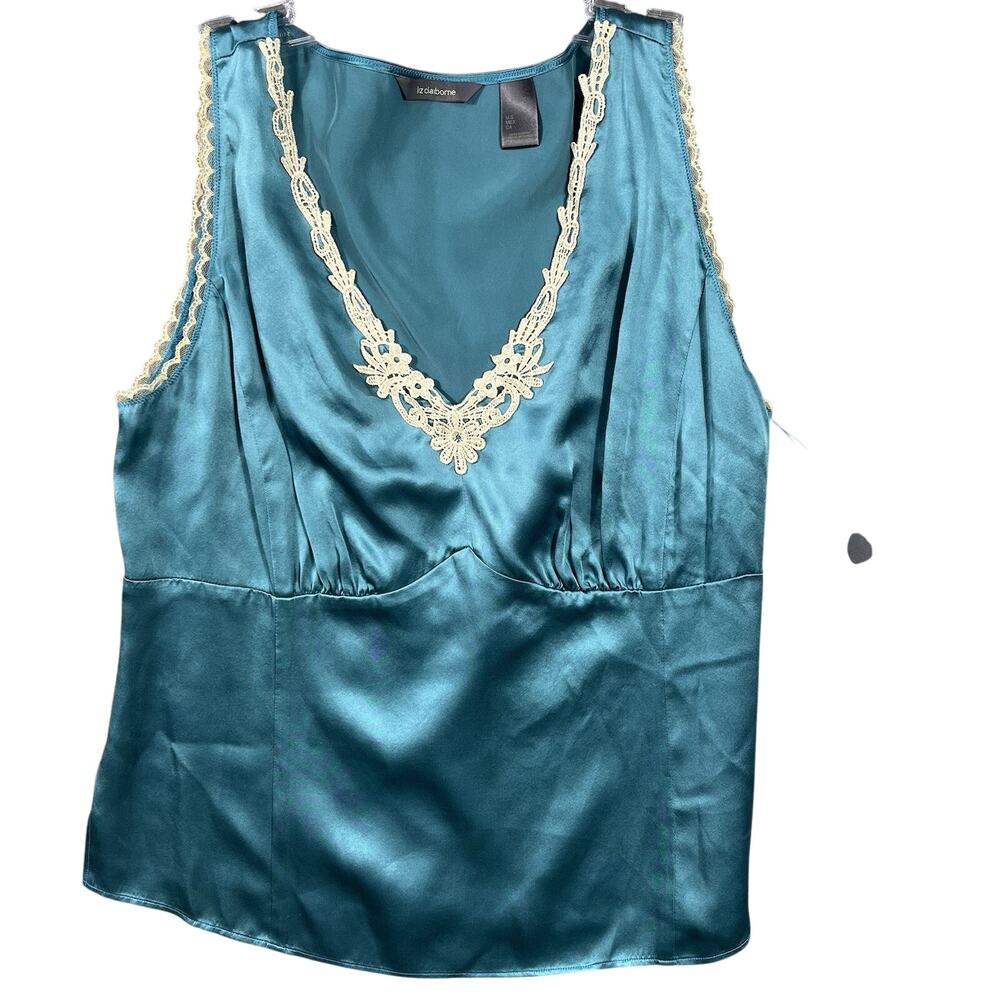 NWT 100% Silk Liz Claiborne ‎Teal Tank Shell Embroidered V-neck Details Blouse